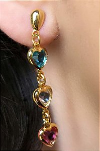 Brinco de Corações com Pedras Coloridas Banhado em Ouro 18k (BR0125)