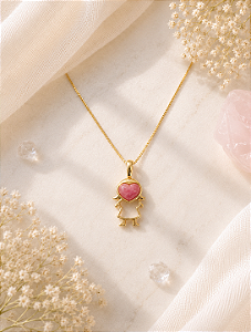 Colar com Menina e Pedra Feldspato Rosa