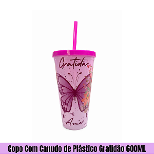 Copo Com Canudo de Plástico Gratidão 600ML