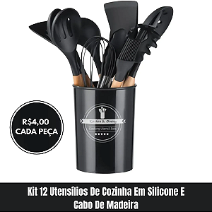 Kit 12 Utensílios De Cozinha Em Silicone E Cabo De Madeira