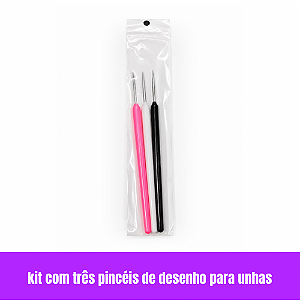 Kit com 3 Pincéis para Desenho de Unhas