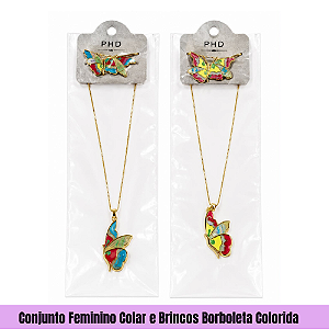 Conjunto Feminino Colar e Brincos Borboleta Colorida