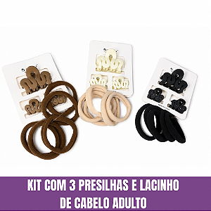 Kit com 3 presilhas e Lacinho de Cabelo Adulto