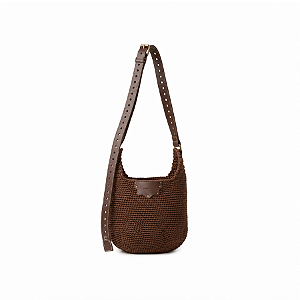 Bolsa Barra Lateral em Crochê e Couro Marrom