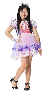 Fantasia Princesa Infantil Vestido Curto Lilás + Coroa Luvas