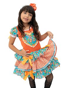 Vestido Festa Junina Infantil Caipira Florido Abóbora +Tiara