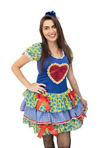 Vestido Caipira Feminino Junino Azul Florido c/ Coração Arco