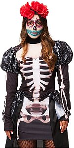 Fantasia Halloween Feminina Esqueleta Caveira Vestido Adulto