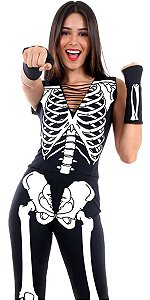 Fantasia Halloween Feminina Esqueleto Luxo Macacão c/ Luvas