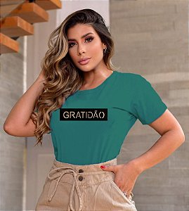 Tshirts feminina algodão verde com aplicação - Gratidão