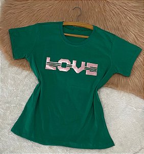 Tshirts feminina algodão verde com aplicação - Love