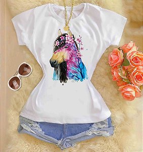 Tshirts feminina poliéster - Cavalo com flores