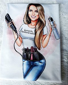 Tshirts feminina poliéster - Cabeleireira blusa branca e chapinha na mão (C-P37)