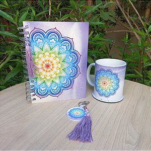 Kit lilás Mandala com caderno, caneca e chaveiro