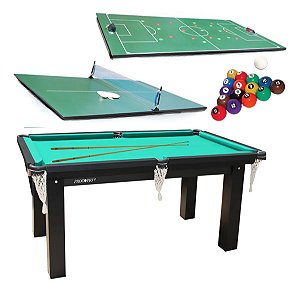 Mesa Multijogos 3 em 1 Sinuca + Fut. de Botão + Ping Pong + Acessórios Procópio