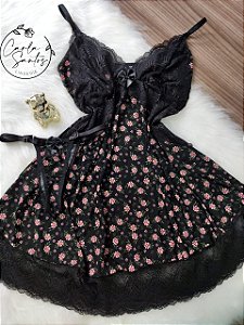 Camisola microfibra Sem bojo - Preta Floral