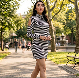 Vestido Canelado de Tricot Listrado Gola Alta