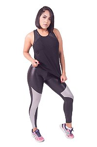 Legging Fitness Cirrê Preta Detalhes Cinza Tecido Rosset