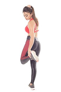 Legging  Fitness Cirrê Preta Detalhes Texturizados Vermelho Tecido Rosset