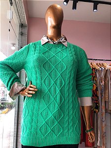 Suéter Tricô Trançado Verde Plus Size