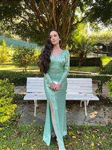 MODAFESTA Vestido Verde Menta Paetê
