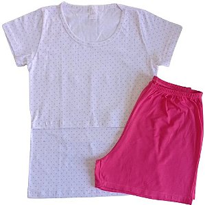 PIJAMA FEMININO COM CAMISA DE MANGA CURTA E ABERTURA PARA AMAMENTAÇÃO E SHORTS - BOLINHA COM SHORTS PINK