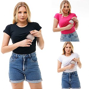 KIT DE 3 CAMISAS DE MANGA CURTA COM GOLA REDONDA E ABERTURA FRONTAL PARA AMAMENTAÇÃO - PRETA, PINK E BRANCA