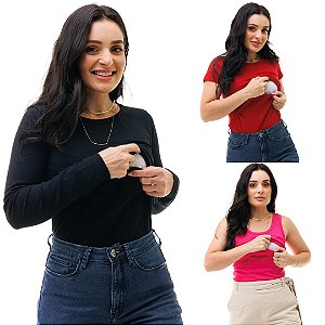 KIT DE 3 CAMISAS COM ABERTURA FRONTAL PARA AMAMENTAÇÃO