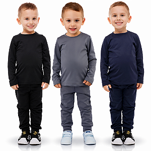 KIT DE 3 CONJUNTOS TÉRMICOS E PELUCIADOS COM BLUSA DE MANGA COMPRIDA E CALÇA INFANTIL UNISSEX PRETO, MARINHO, CHUMBO