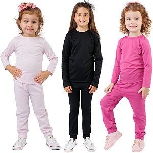 KIT DE 3 CONJUNTOS TÉRMICOS E PELUCIADOS COM BLUSA DE MANGA COMPRIDA E CALÇA INFANTIL MENINA 1 AO 14