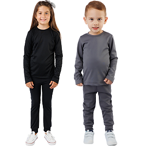 KIT DE 2 CONJUNTOS TÉRMICOS E PELUCIADOS COM BLUSA DE MANGA COMPRIDA E CALÇA INFANTIL UNISSEX 1 AO 14 - PRETO E CHUMBO