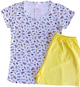 PIJAMA FEMININO COM CAMISA DE MANGA CURTA COM ABERTURA PARA AMAMENTAÇÃO E SHORTS - COFFE E AMARELO