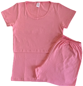 PIJAMA FEMININO COM CAMISA DE MANGA CURTA COM ABERTURA PARA AMAMENTAÇÃO E SHORTS - GOIABA
