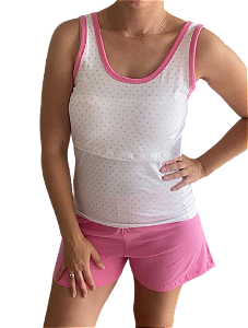 PIJAMA FEMININO REGATA COM ABERTURA PARA AMAMENTAÇÃO E SHORTS - BOLINHA COM ROSA