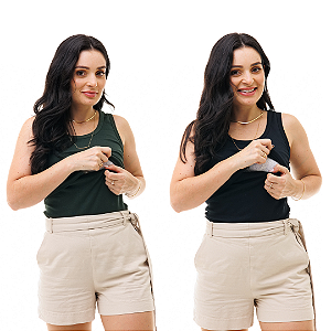 KIT COM 2 REGATAS FEMININAS COM ABERTURA PARA AMAMENTAÇÃO - VERDE MILITAR E PRETA