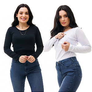 KIT COM 2 BLUSAS FEMININAS DE MANGA LONGA E GOLA REDONDA COM ABERTURA PARA AMAMENTAÇÃO - PRETA E BRANCA