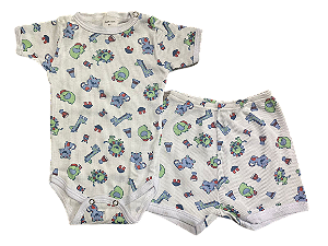 CONJUNTO DE PIJAMA INFANTIL COM BODY DE MANGA CURTA E SHORTS UNISSEX - LEÃO E ELEFANTE