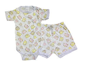 CONJUNTO DE PIJAMA INFANTIL COM BODY DE MANGA CURTA E SHORTS UNISSEX - GATO