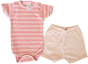 CONJUNTO DE PIJAMA INFANTIL COM BODY DE MANGA CURTA E SHORTS UNISSEX - LISTRA PINK E FUNDO ROSA