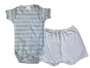 CONJUNTO DE PIJAMA INFANTIL COM BODY DE MANGA CURTA E SHORTS UNISSEX - LISTRAS PRETA E AZUL