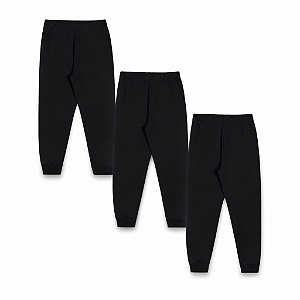 KIT COM 3 CALÇAS DE MOLETOM COM PUNHO INFANTIL E UNISSEX - 1 AO 16 ANOS - 3 PRETAS