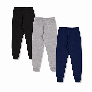 KIT COM 3 CALÇAS DE MOLETOM COM PUNHO INFANTIL E UNISSEX - 1 AO 16 ANOS - PRETA, AZUL MARINHO, MESCLA