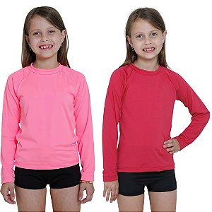 KIT 2 BLUSAS INFANTIL COM PROTEÇÃO SOLAR UV50 MODA PRAIA - ROSA NEON E ROSA PINK