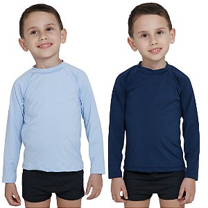 KIT 2 BLUSAS INFANTIL COM PROTEÇÃO SOLAR UV50 MODA PRAIA - AZUL BEBÊ E MARINHO