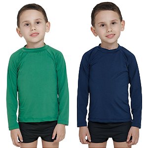 KIT 2 BLUSAS INFANTIL COM PROTEÇÃO SOLAR UV50 MODA PRAIA - VERDE BANDEIRA E MARINHO