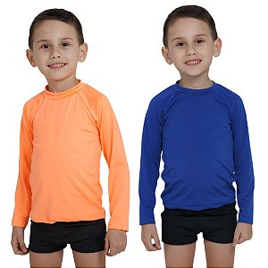 KIT 2 BLUSAS INFANTIL COM PROTEÇÃO SOLAR UV50 MODA PRAIA - LARANJA NEON E AZUL ROYAL