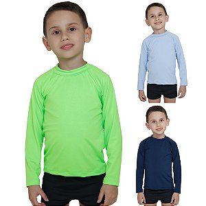 KIT 3 BLUSAS INFANTIL COM PROTEÇÃO SOLAR UV50 MODA PRAIA - AZUL BEBÊ, VERDE NEON, MARINHO