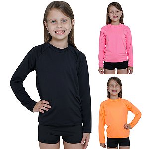 KIT 3 BLUSAS INFANTIL COM PROTEÇÃO SOLAR UV50 MODA PRAIA - LARANJA NEON, ROSA NEON, PRETO