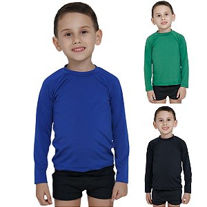 KIT 3 BLUSAS INFANTIL COM PROTEÇÃO SOLAR UV50 MODA PRAIA - PRETO, VERDE BANDEIRA, AZUL ROYAL