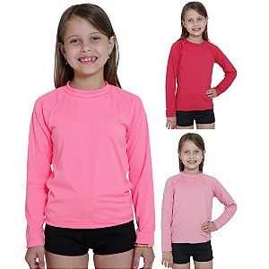 KIT 3 BLUSAS INFANTIL COM PROTEÇÃO SOLAR UV50 MODA PRAIA - ROSA CLARO, ROSA NEON, ROSA PINK